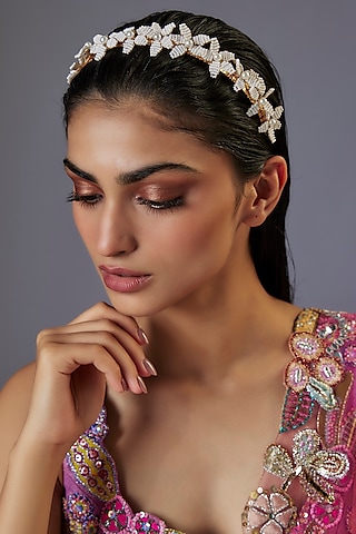Gold Finish Pearl White Enameled Floral Hair Band by THE BEAUTIFUL SECRET