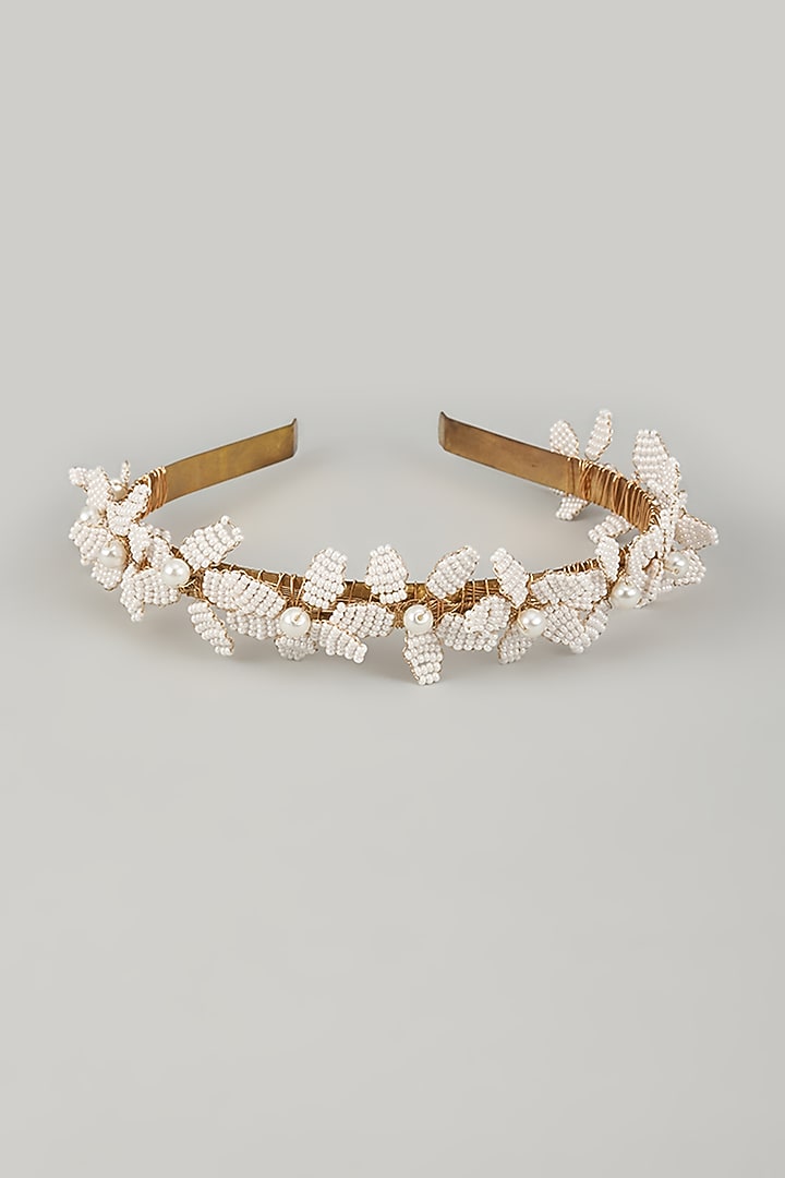 Gold Finish Pearl White Enameled Floral Hair Band by THE BEAUTIFUL SECRET at Pernia's Pop Up Shop