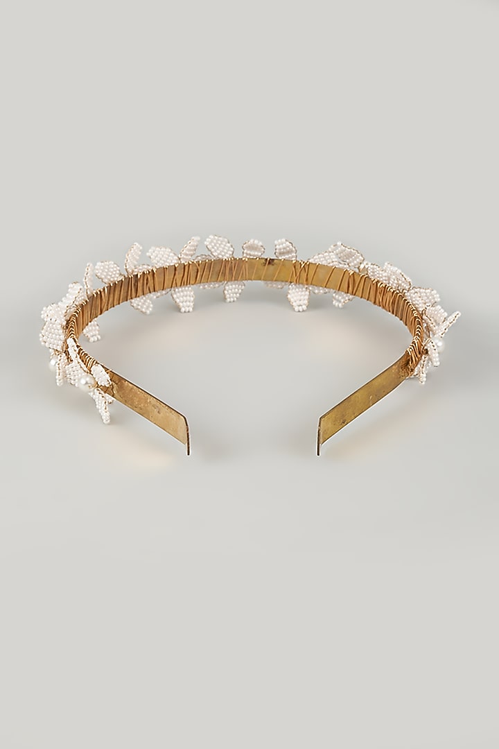 Gold Finish Pearl White Enameled Floral Hair Band by THE BEAUTIFUL SECRET at Pernia's Pop Up Shop