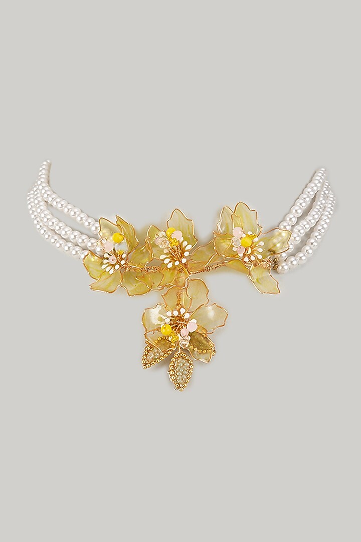 Gold Finish Pearl Yellow Enameled Floral Necklace by THE BEAUTIFUL SECRET at Pernia's Pop Up Shop