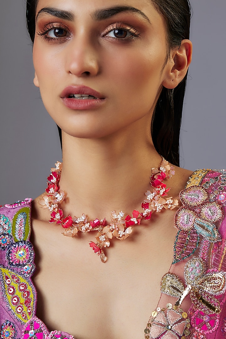 Gold Finish Pink Enameled Floral Necklace by THE BEAUTIFUL SECRET at Pernia's Pop Up Shop