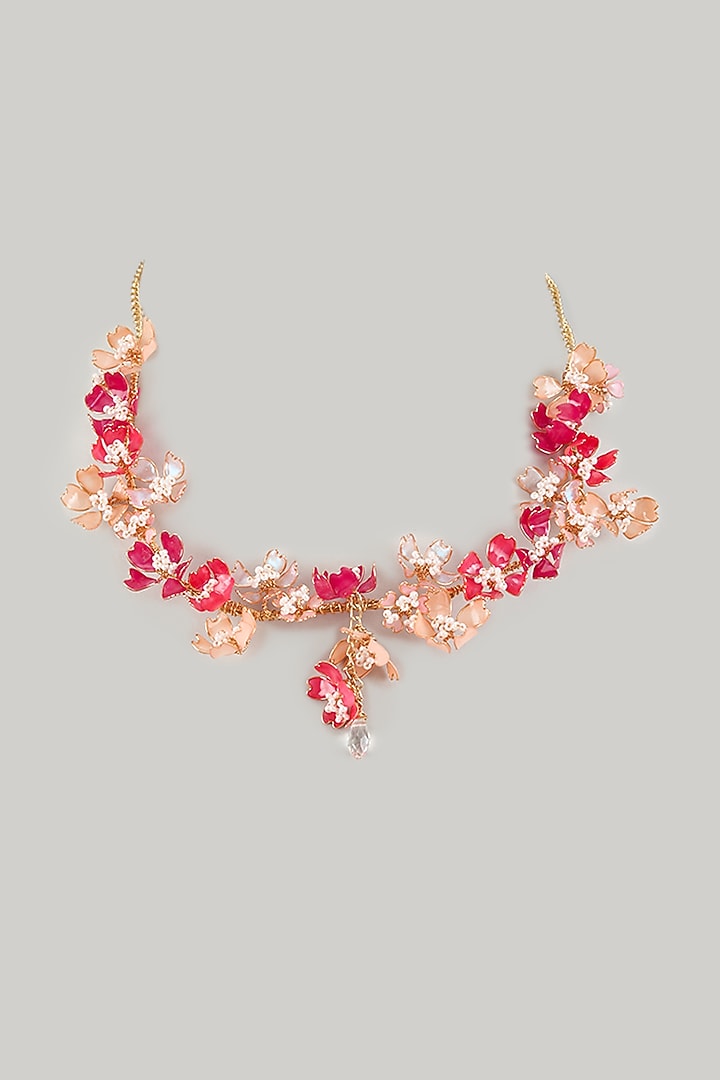 Gold Finish Pink Enameled Floral Necklace by THE BEAUTIFUL SECRET at Pernia's Pop Up Shop