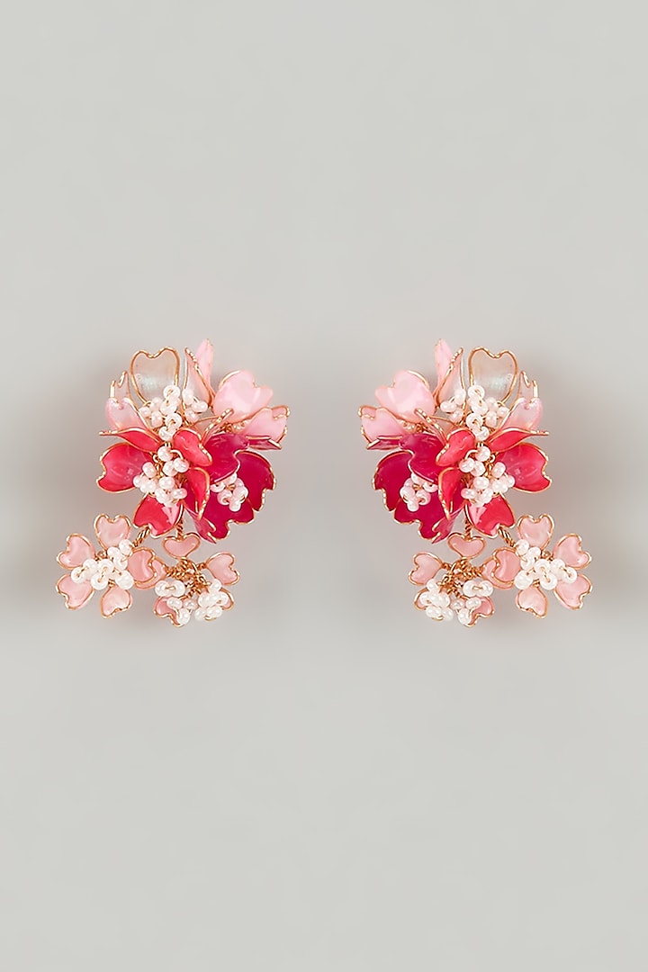 Gold Finish Pink Enameled Floral Stud Earrings by THE BEAUTIFUL SECRET at Pernia's Pop Up Shop