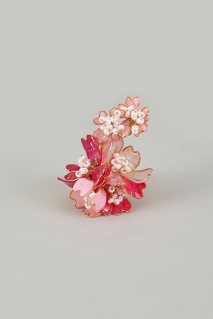 Gold Finish Pink Enameled Adjustable Floral Ring by THE BEAUTIFUL SECRET at Pernia's Pop Up Shop