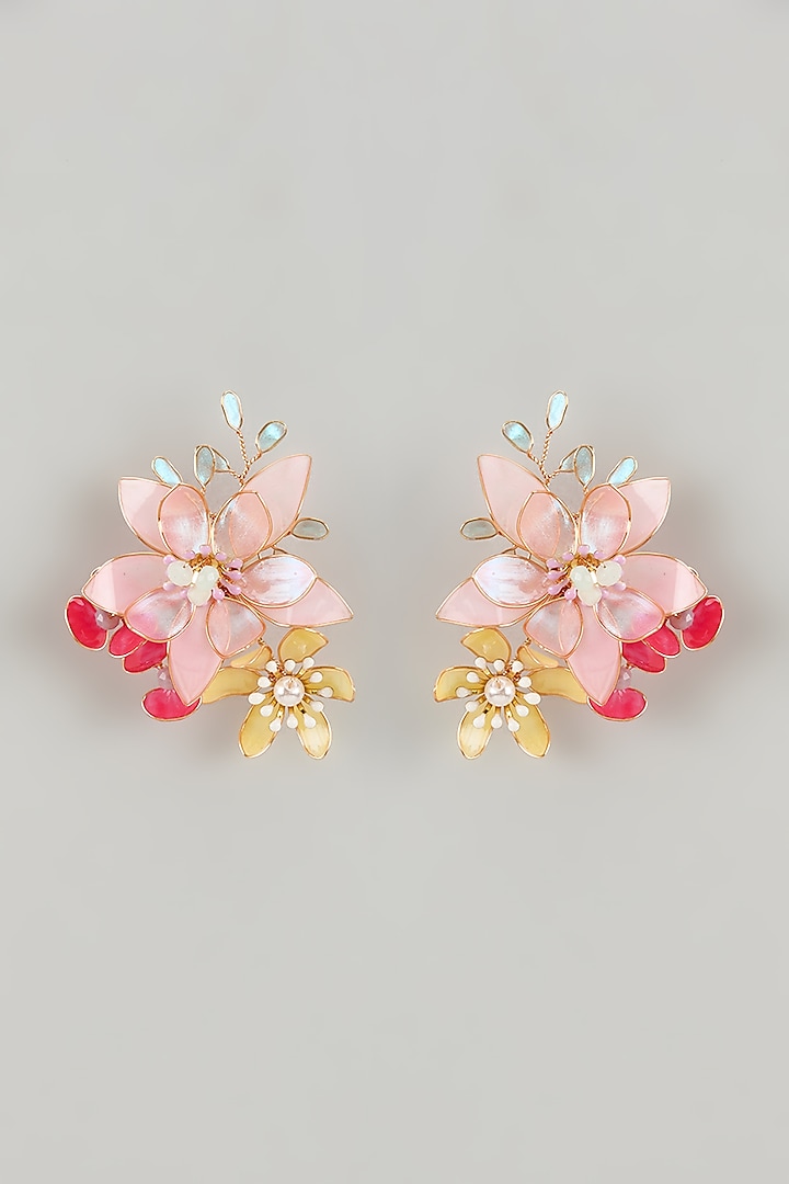 Gold Finish Multi-Colored Enameled Floral Stud Earrings by THE BEAUTIFUL SECRET at Pernia's Pop Up Shop