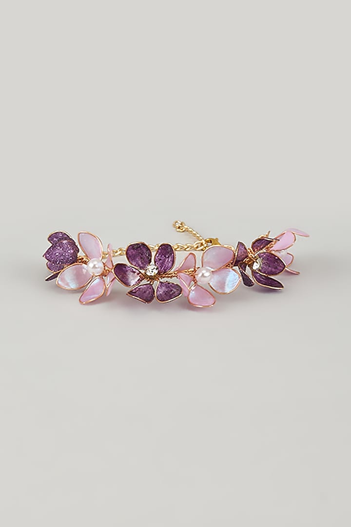 Gold Finish Purple Enameled Adjustable Floral Bracelet by THE BEAUTIFUL SECRET at Pernia's Pop Up Shop