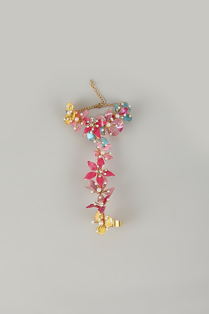 Gold Finish Pearl Multi-Colored Enameled Floral Handharness by THE BEAUTIFUL SECRET at Pernia's Pop Up Shop