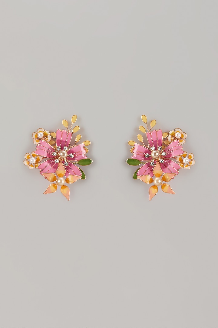 Pink Enameled Handcrafted Floral Dangler Earrings by THE BEAUTIFUL SECRET at Pernia's Pop Up Shop