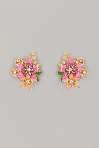 Pink Enameled Handcrafted Floral Dangler Earrings by THE BEAUTIFUL SECRET