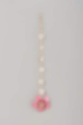 Gold Finish Pearl Pink Enameled Floral Maangtikka by THE BEAUTIFUL SECRET at Pernia's Pop Up Shop