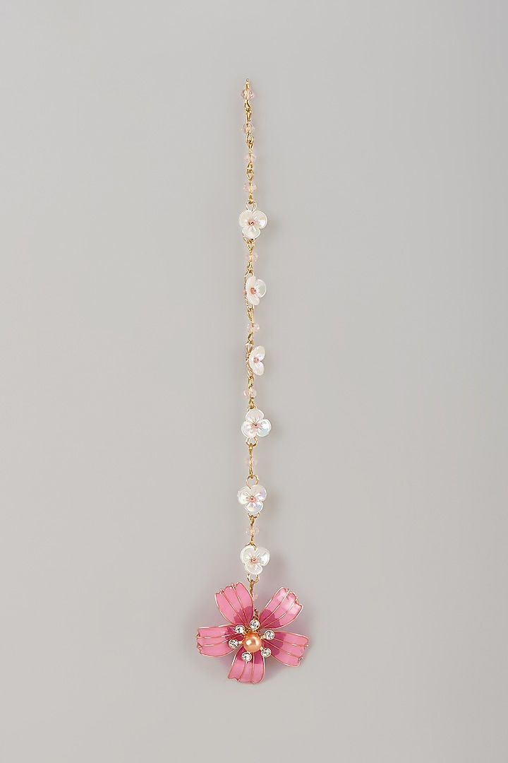 Gold Finish Pearl Pink Enameled Floral Maangtikka by THE BEAUTIFUL SECRET at Pernia's Pop Up Shop