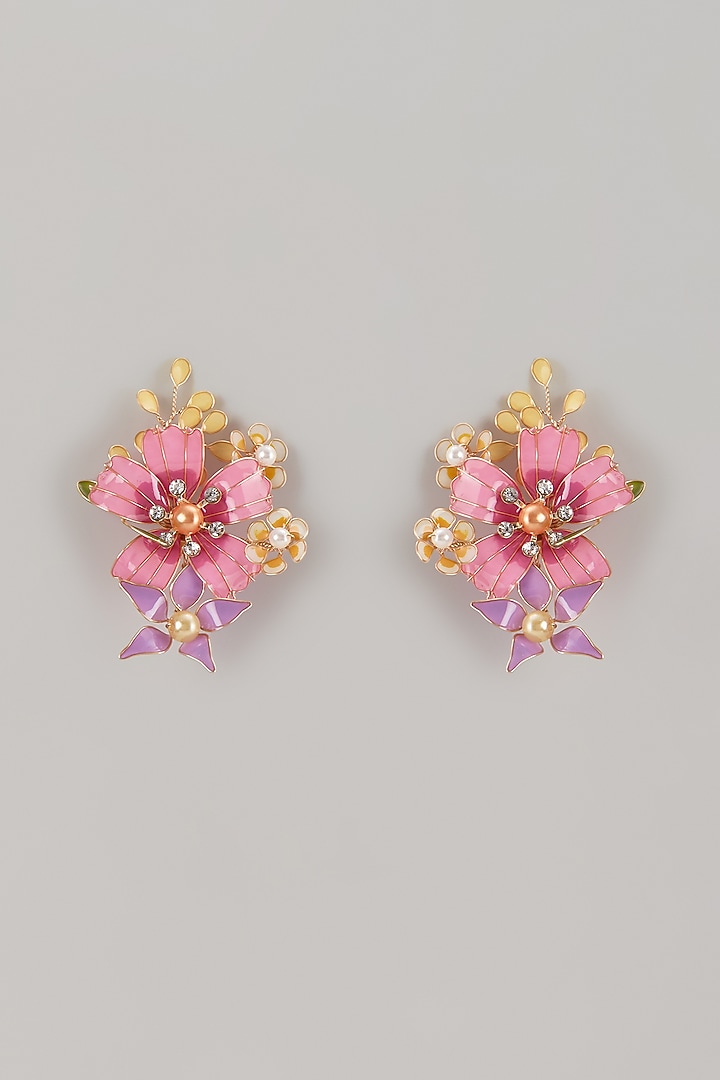 Pink Enameled Handcrafted Floral Dangler Earrings by THE BEAUTIFUL SECRET at Pernia's Pop Up Shop