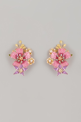 Pink Enameled Handcrafted Floral Dangler Earrings by THE BEAUTIFUL SECRET
