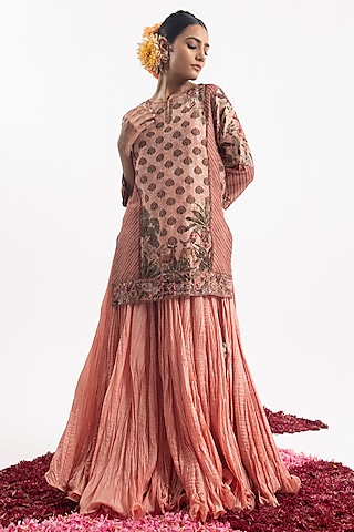 Peach Cotton Silk Chanderi Skirt Set by Samant Chauhan