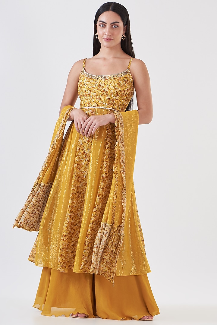 Mustard Upada Silk Embroidered & Hand Painted Kurta Set by Breathe By Aakanksha Singh at Pernia's Pop Up Shop