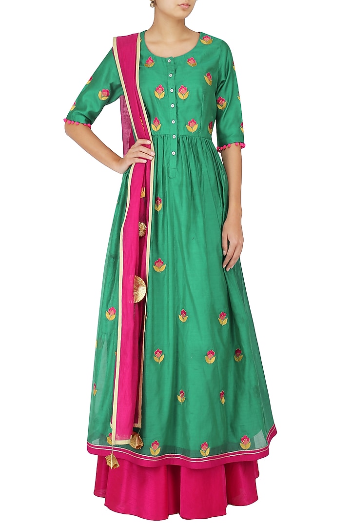 Emerald Green and Magenta Floral Embroidered Kalidaar Set available only at Pernia's Pop Up Shop.