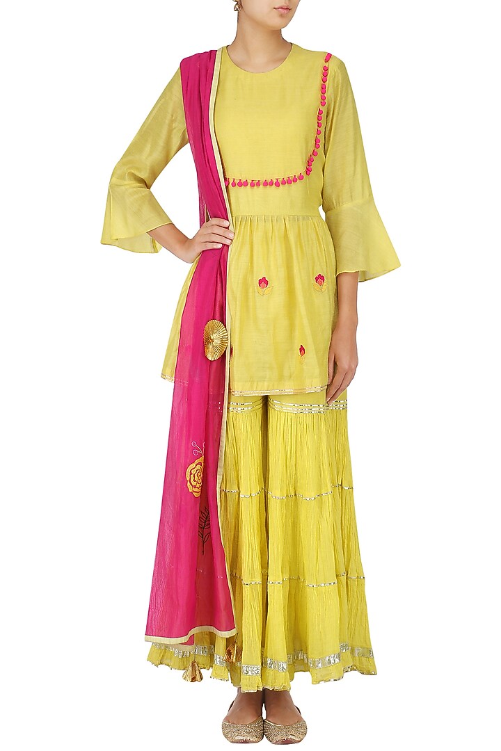 Haldi Green Embroidered Short Kurta with Gharara Set available only at Pernia's Pop Up Shop.