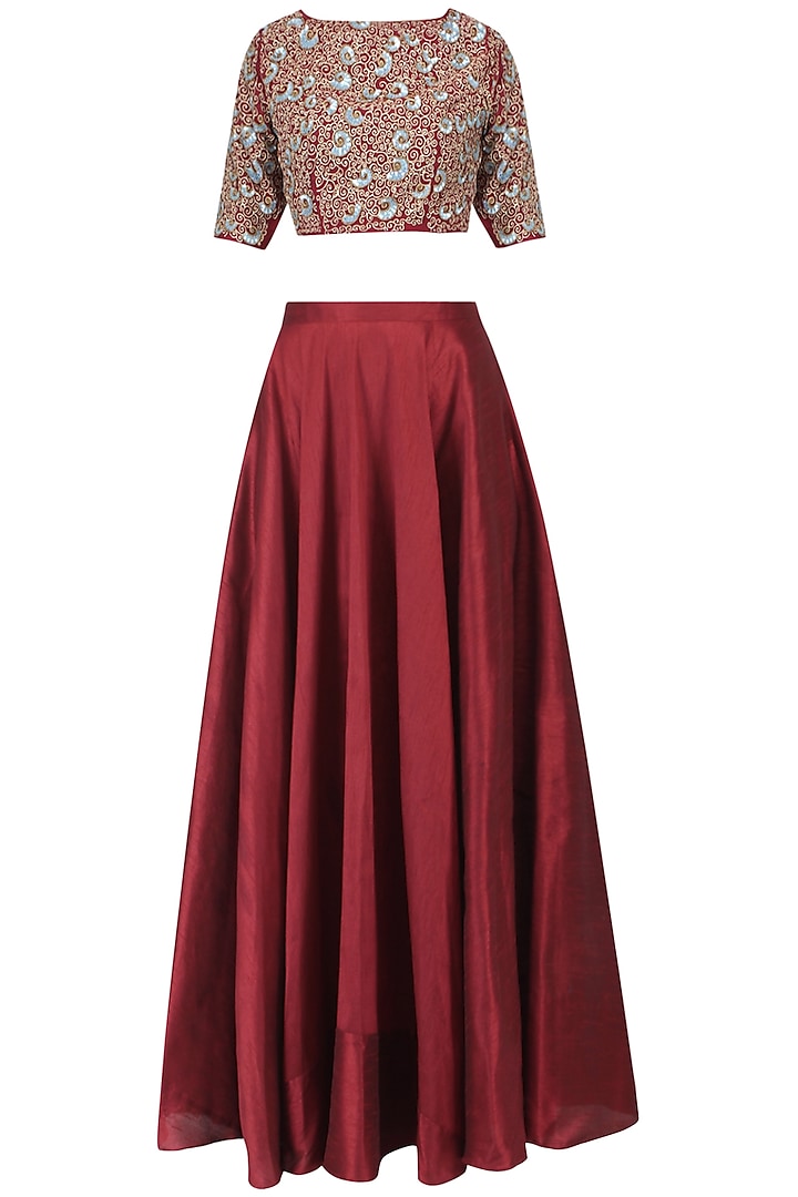 Burgundy and Blue Embroidered Lehenga Set by Breathe By Aakanksha Singh
