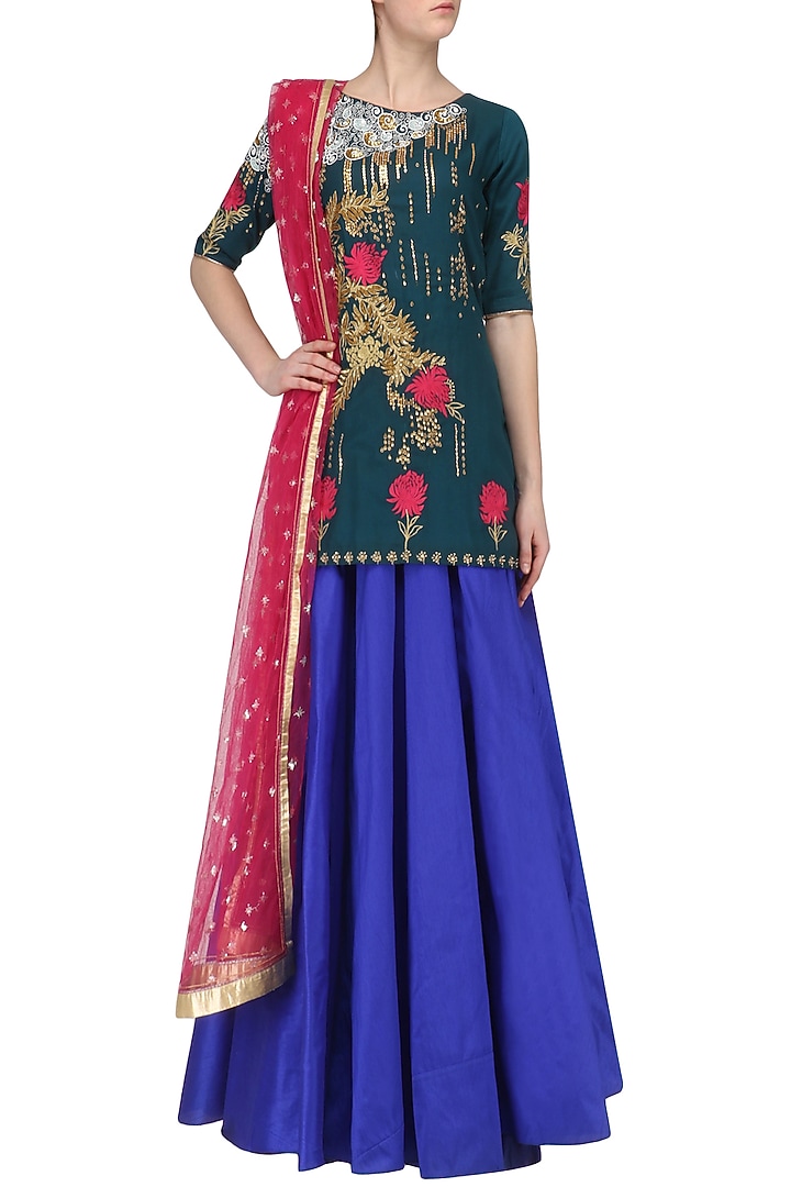 Navy Embroidered Short Kurta with Lehenga Set available only at Pernia's Pop Up Shop.