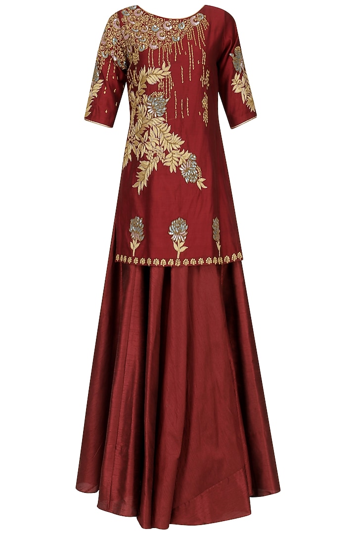 Deep Red Embroidered Short Kurta with Lehenga Set available only at Pernia's Pop Up Shop.