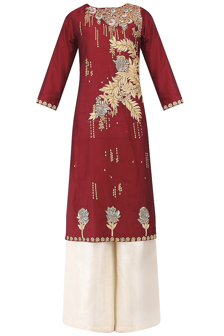 Deep Red Embroidered Kurta with Palazzo Pants Set by Breathe By Aakanksha Singh
