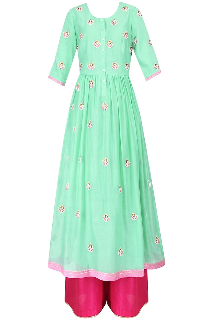 Lime Green and Pink Floral Embroidered Kalidaar Set available only at Pernia's Pop Up Shop.