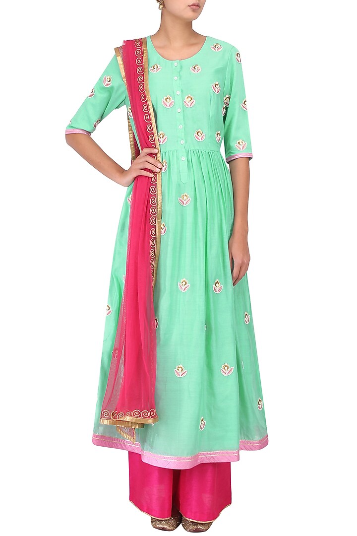 Lime Green and Pink Floral Embroidered Kalidaar Set available only at Pernia's Pop Up Shop.