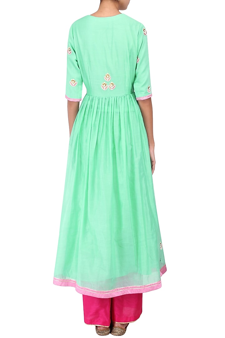 Lime Green and Pink Floral Embroidered Kalidaar Set available only at Pernia's Pop Up Shop.