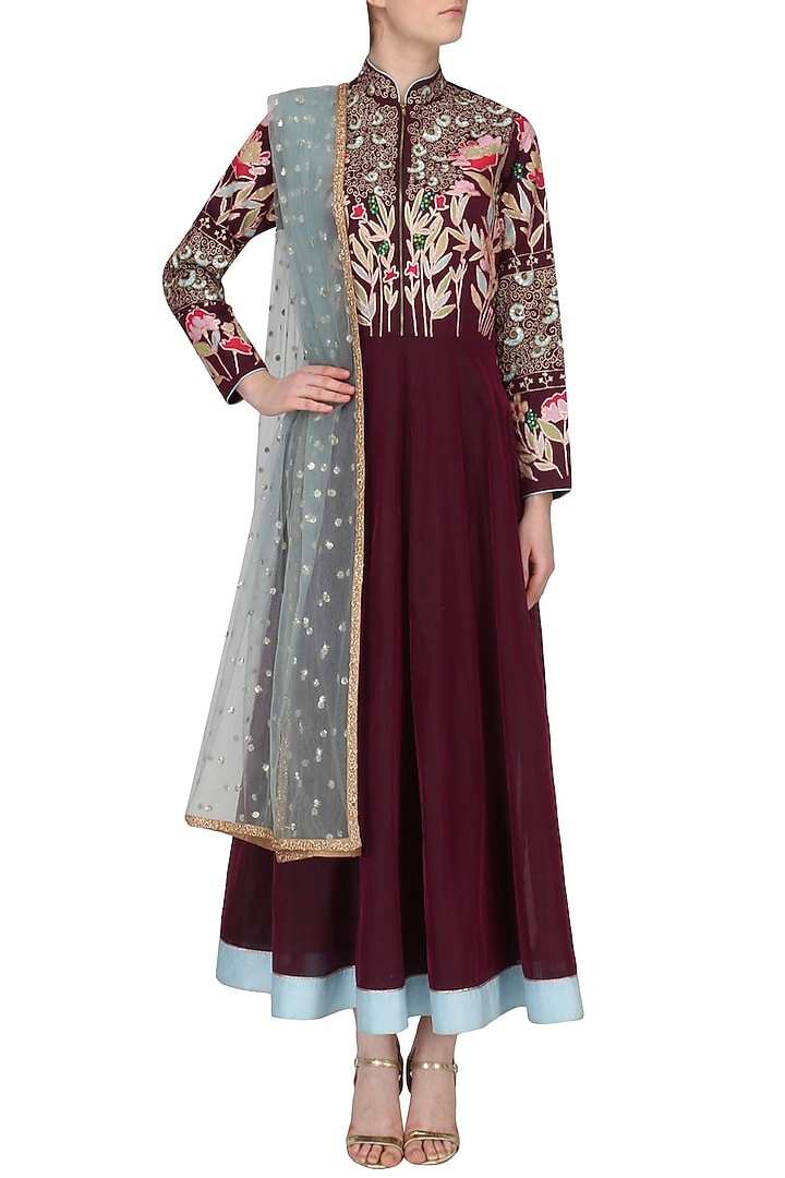 Burgundy and Blue Embroidered Kalidaar Set available only at Pernia's Pop Up Shop.
