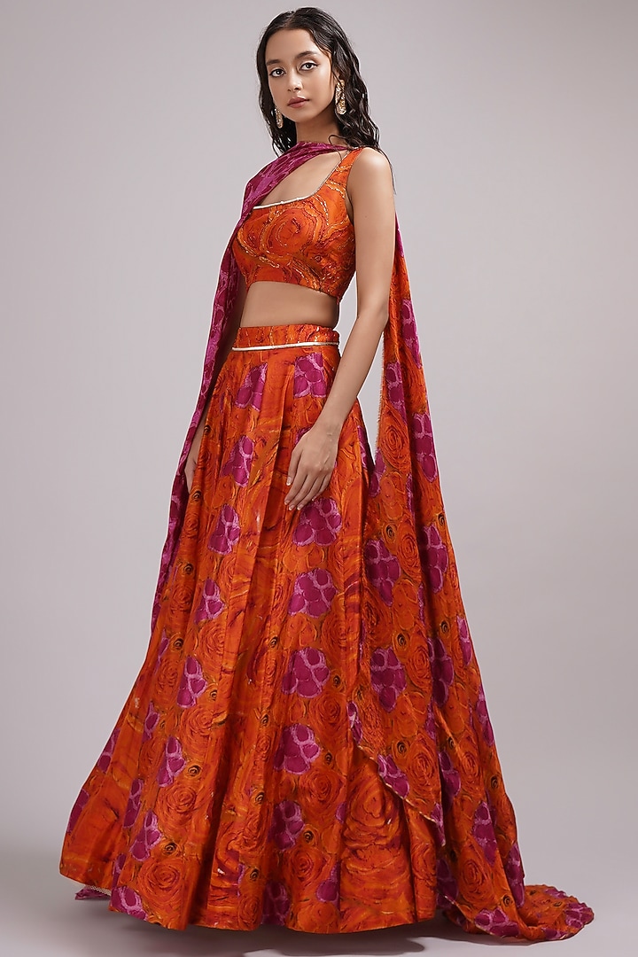 Pink-Orange Upada Silk & Cotton Voile Hand Painted Wedding Lehenga Set by Breathe By Aakanksha Singh at Pernia's Pop Up Shop
