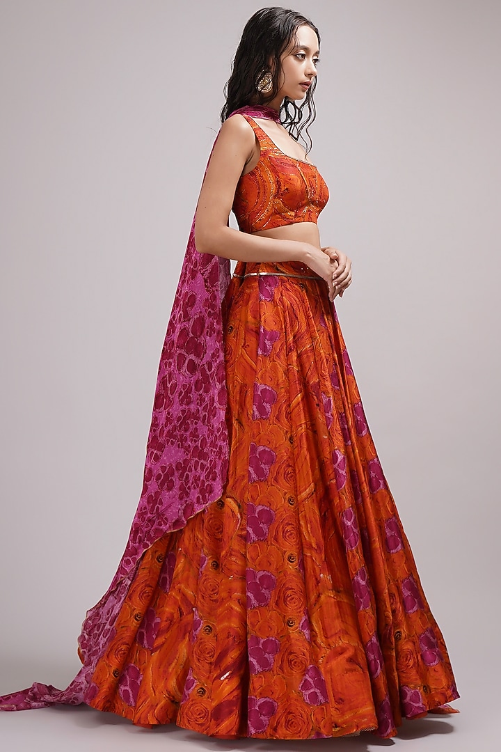 Pink-Orange Upada Silk & Cotton Voile Hand Painted Wedding Lehenga Set by Breathe By Aakanksha Singh at Pernia's Pop Up Shop