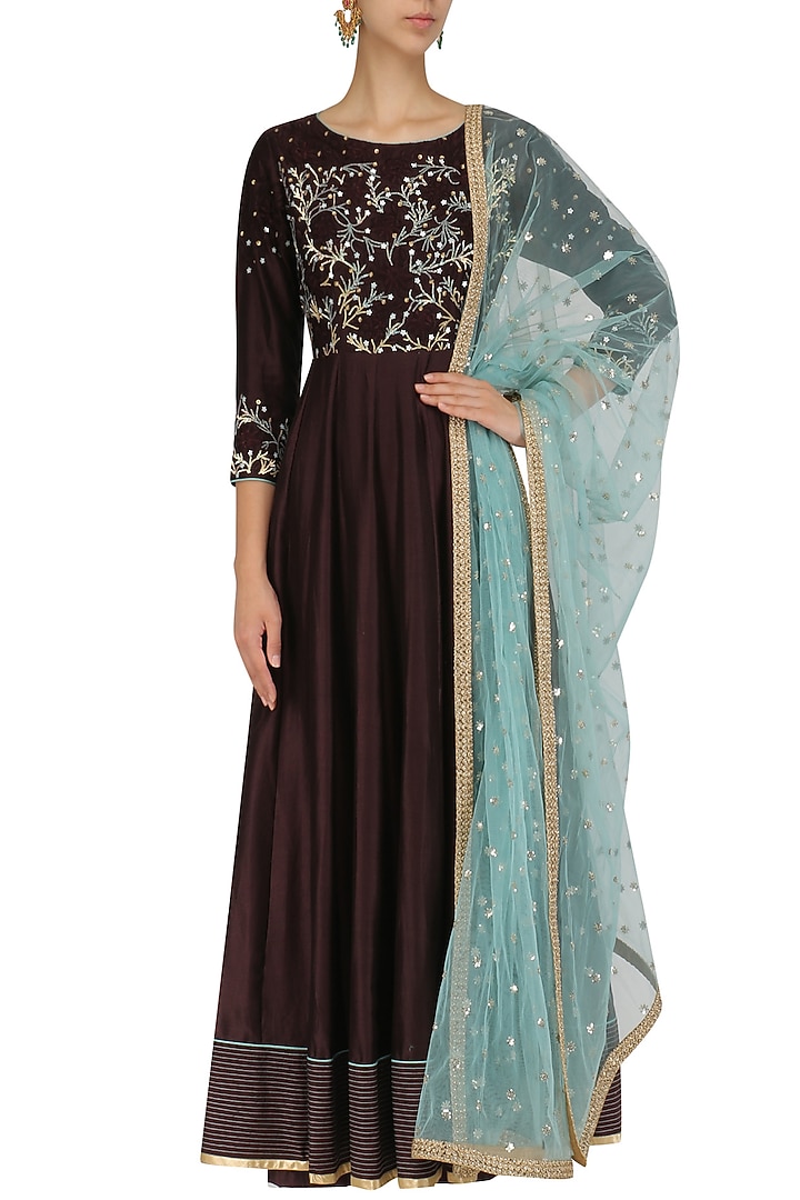 Chocolate brown embroidered anarkali and sharara set available only at Pernia's Pop Up Shop.