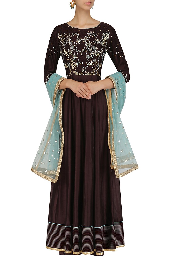 Chocolate brown embroidered anarkali and sharara set available only at Pernia's Pop Up Shop.