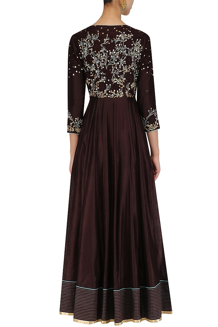 Chocolate brown embroidered anarkali and sharara set available only at Pernia's Pop Up Shop.