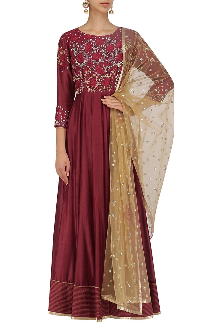Deep red embroidered anarkali set available only at Pernia's Pop Up Shop.