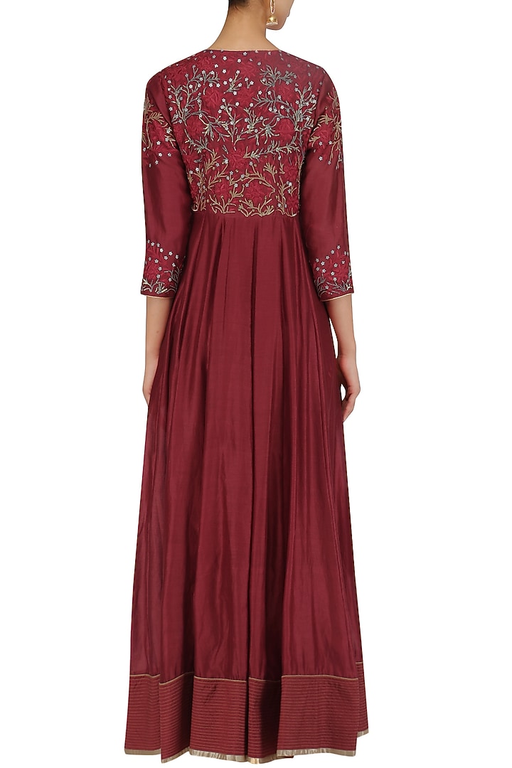 Deep red embroidered anarkali set available only at Pernia's Pop Up Shop.