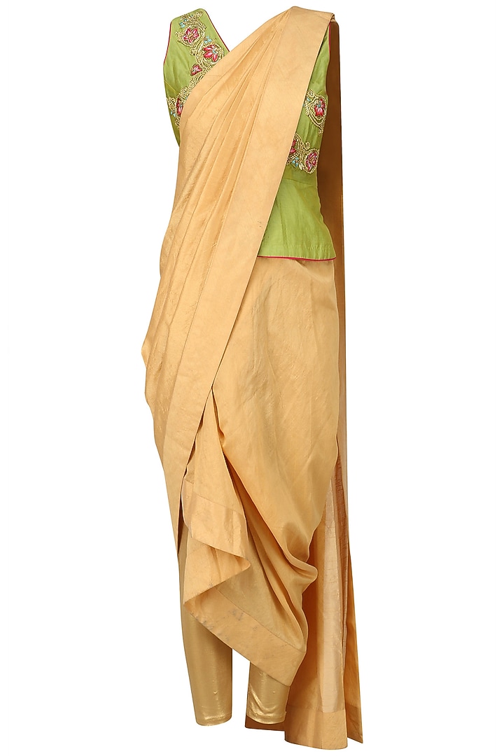 Lime green peplum top and draped saree available only at Pernia's Pop Up Shop.