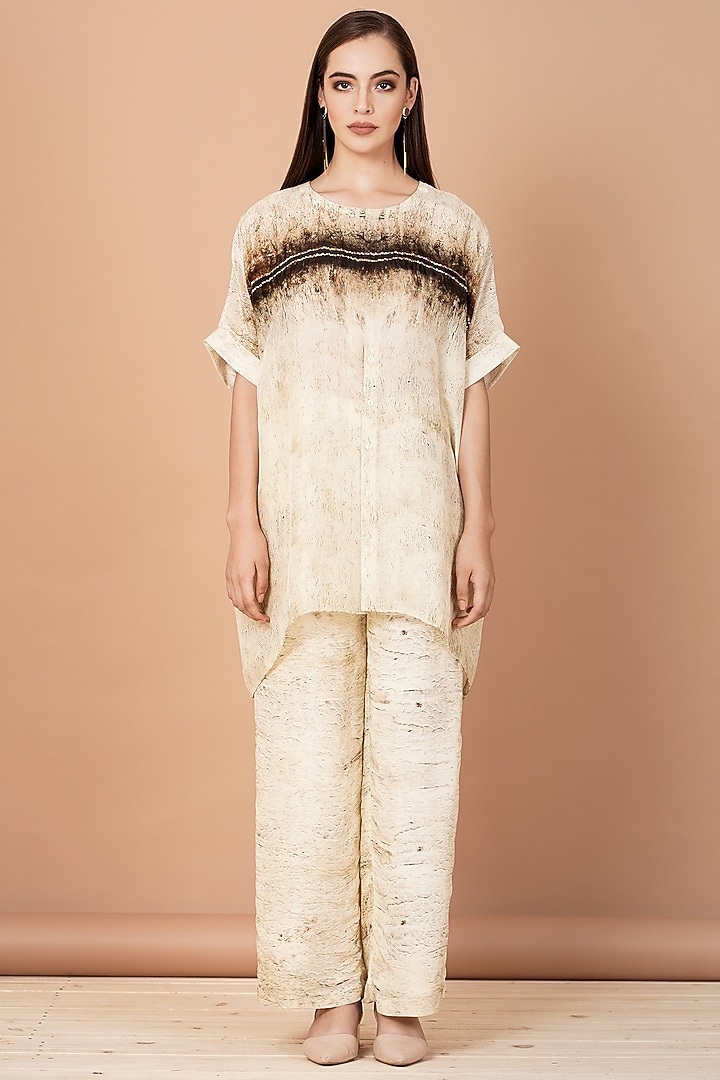 Brown & Beige Upada Silk Digital Printed Co-Ord Set by Breathe By Aakanksha Singh at Pernia's Pop Up Shop