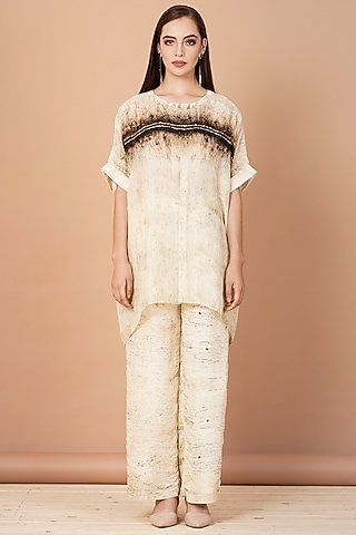 Brown & Beige Upada Silk Digital Printed Co-Ord Set by breathe by aakanksha singh