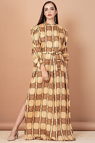 Gold Habutai Silk Digital Printed Maxi Dress by Breathe By Aakanksha Singh