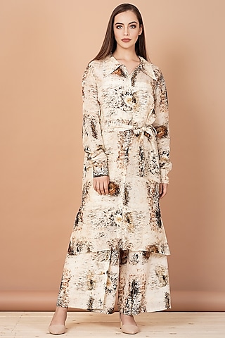 Beige & Brown Printed Tunic Set by Breathe By Aakanksha Singh