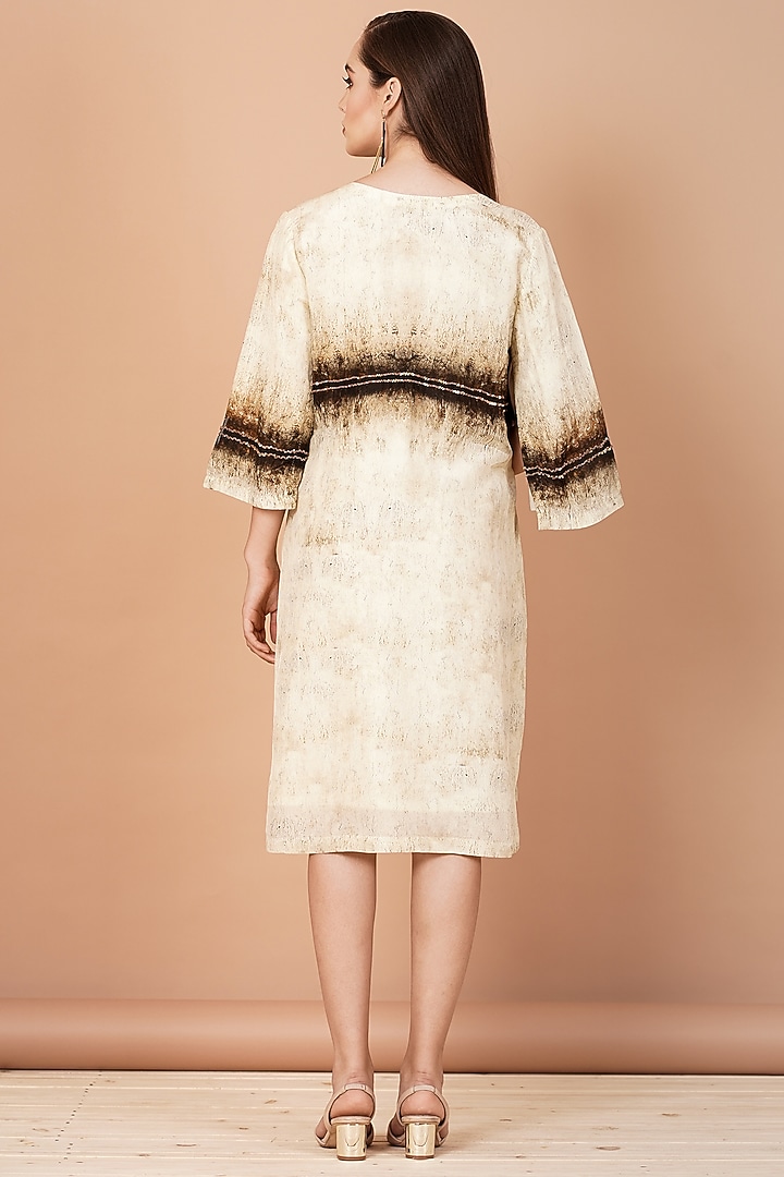 Beige & Brown Uppada Silk Digital Printed Shift Summer Dress by Breathe By Aakanksha Singh at Pernia's Pop Up Shop