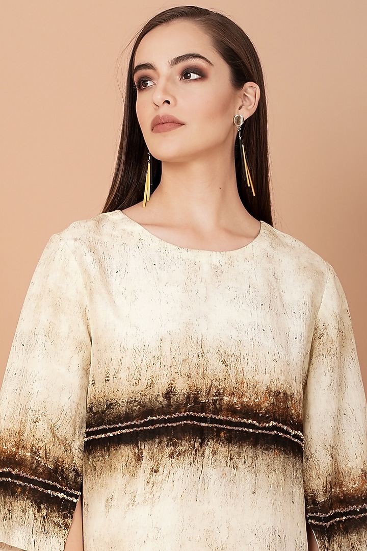Beige & Brown Uppada Silk Digital Printed Shift Summer Dress by Breathe By Aakanksha Singh at Pernia's Pop Up Shop