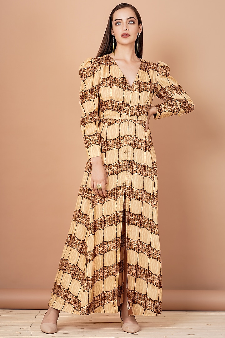 Gold & Brown Printed Tunic by Breathe By Aakanksha Singh