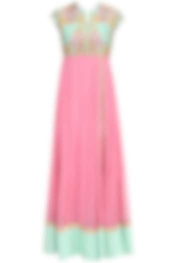 Pink and blue floral embroidered anarkali kurta set available only at Pernia's Pop Up Shop.