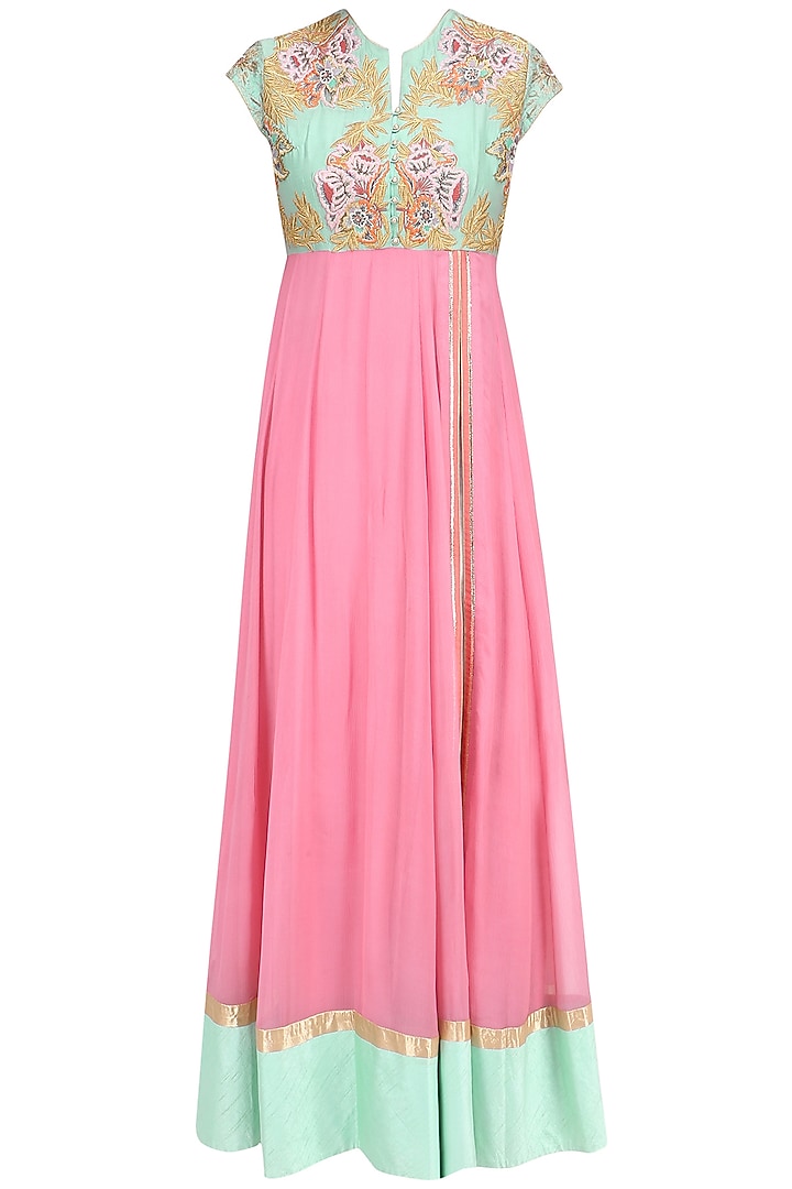 Pink and blue floral embroidered anarkali kurta set available only at Pernia's Pop Up Shop.