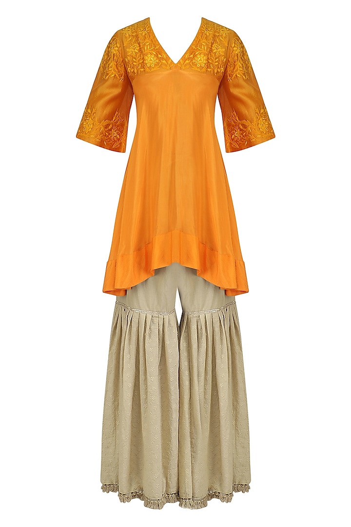 Orange Floral Embroidered Short Kurta with Beige Sharara Pants by Breathe By Aakanksha Singh