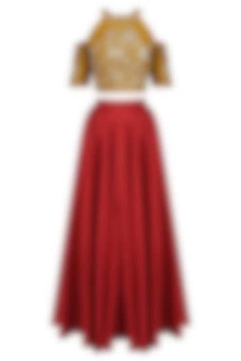 Gold Cold Shoulder Crop Top with Red High Waisted Skirt by Breathe By Aakanksha Singh