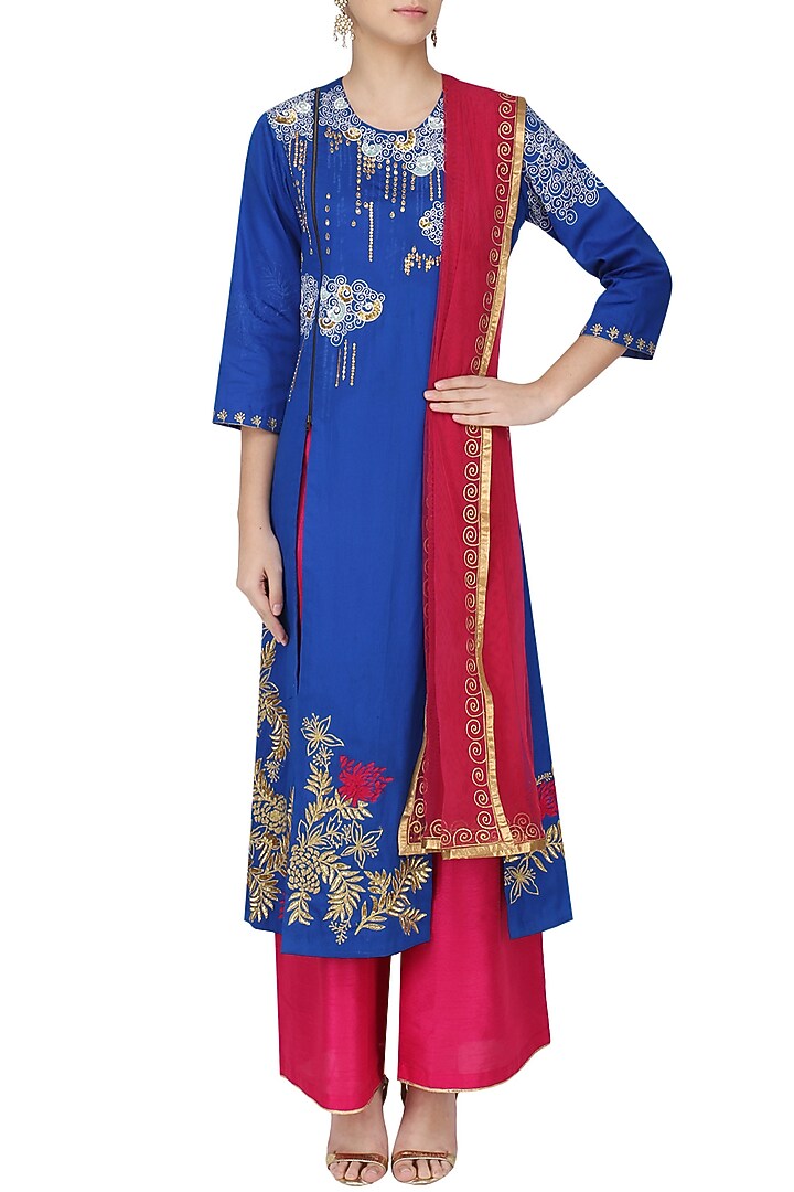 Cobalt blue floral embroidered kalidaar available only at Pernia's Pop Up Shop.