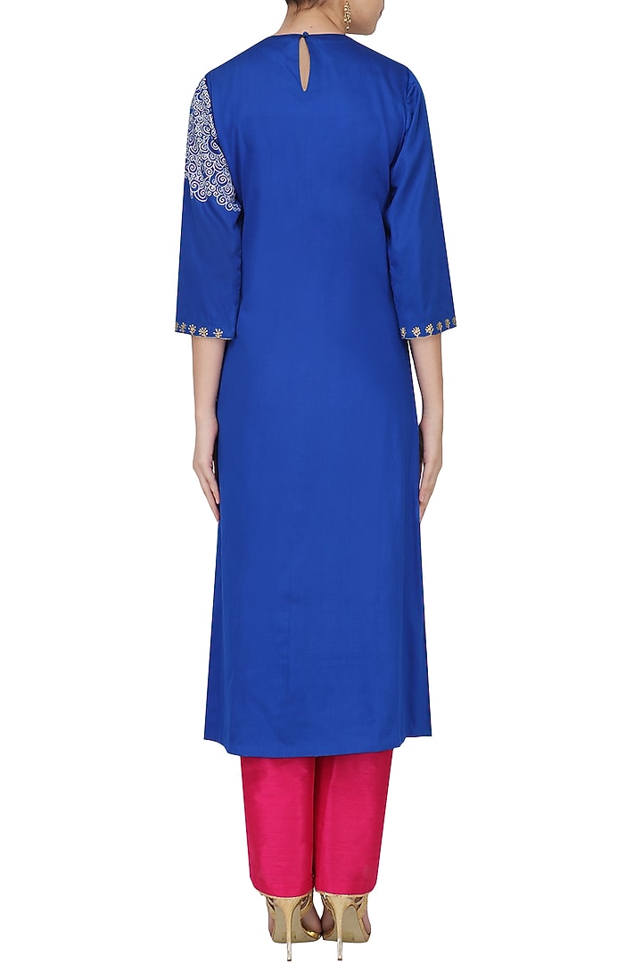 Cobalt blue floral embroidered kalidaar available only at Pernia's Pop Up Shop.